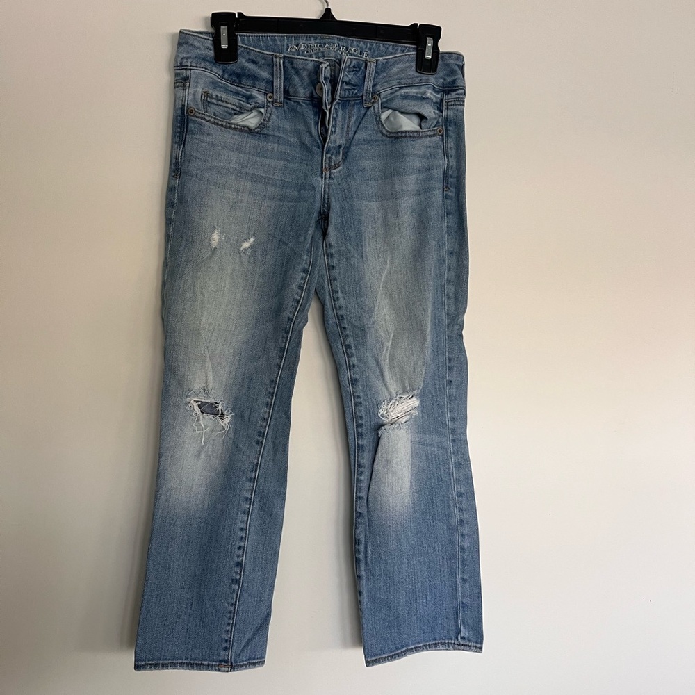 American Eagle Classic Lt Blue Distressed Women's Crop Capri Jeans Sz 4